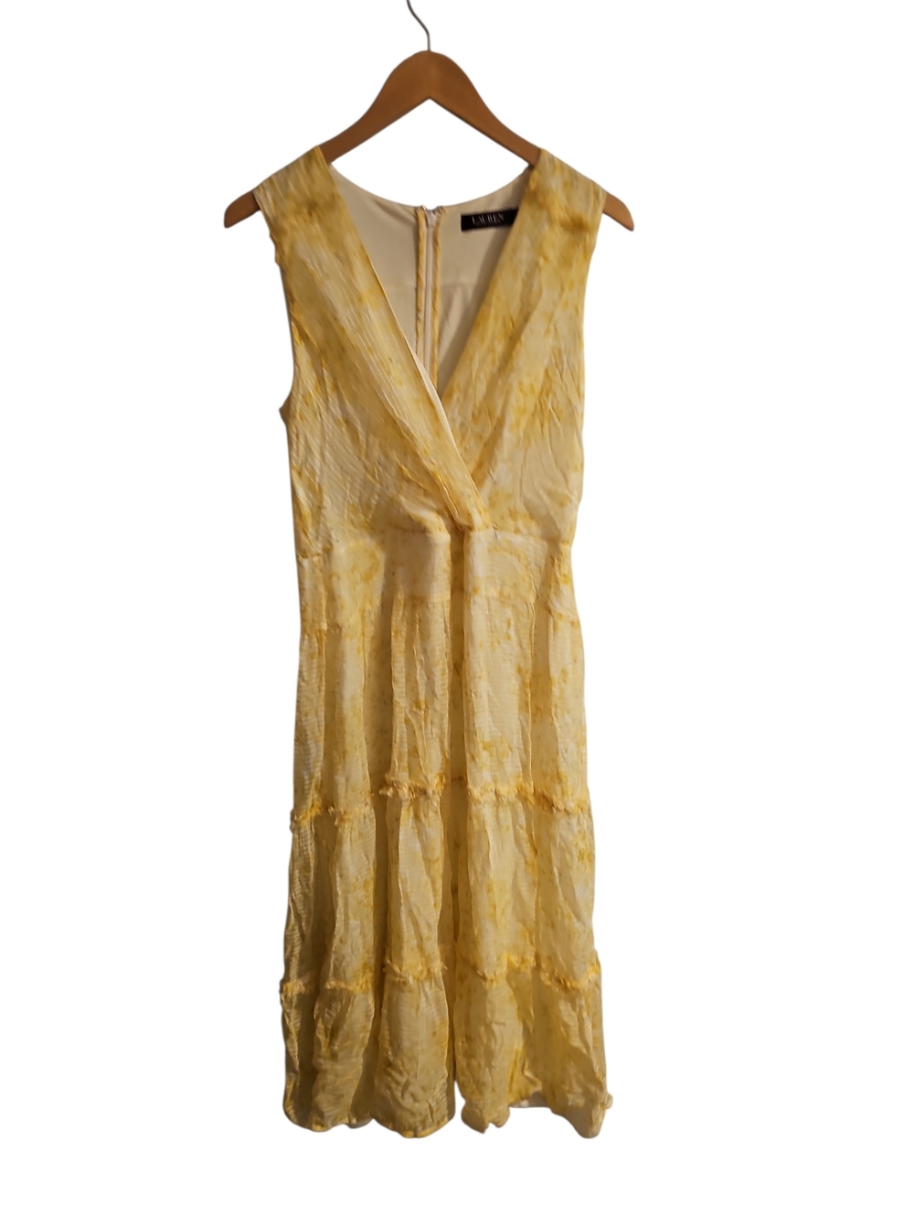 Lauren Ralph Lauren Yellow Floral Tiered Midi Dress Sleeveless Size 10 Lined - Picture 2 of 7